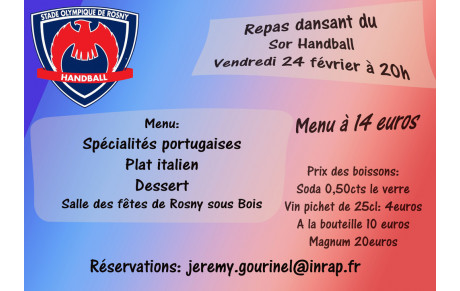 Repas du SOR Handball : 24 Février 2017.. A vos agendas